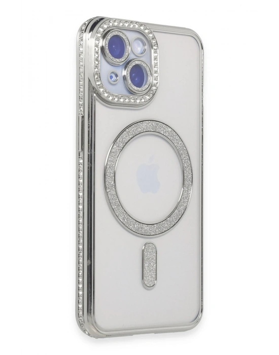 Newface iPhone 15 Kılıf Joke Simli Magneticsafe Kılıf - Gümüş