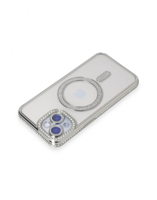 Newface iPhone 15 Kılıf Joke Simli Magneticsafe Kılıf - Gümüş