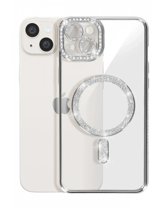 Newface iPhone 15 Kılıf Joke Simli Magneticsafe Kılıf - Gümüş