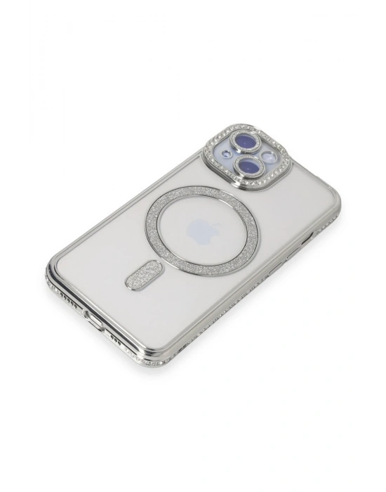 Newface iPhone 15 Kılıf Joke Simli Magneticsafe Kılıf - Gümüş
