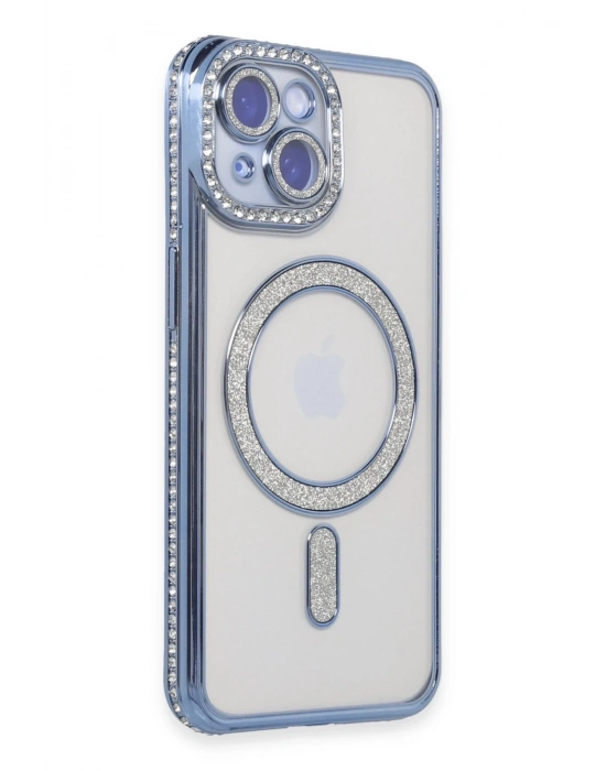 Newface iPhone 15 Kılıf Joke Simli Magneticsafe Kılıf - Mavi