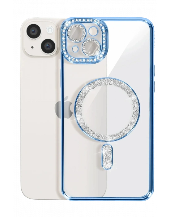 Newface iPhone 15 Kılıf Joke Simli Magneticsafe Kılıf - Mavi