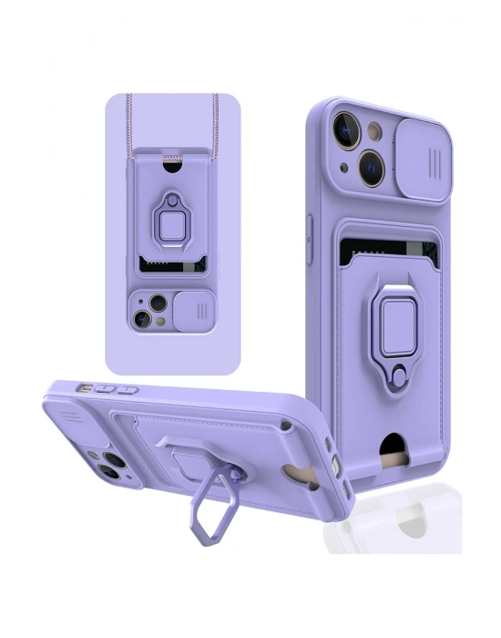 Newface iPhone 15 Kılıf Zuma Kartvizitli Yüzüklü Silikon - Lila