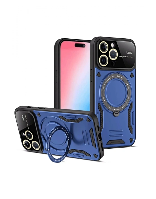 Newface iPhone 15 Pro Joy Lens Standlı Kapak - Lacivert