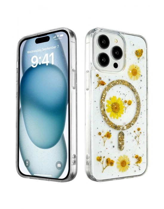 Newface iPhone 15 Pro Kılıf Daisy Simli Magsafe Kapak - Gold