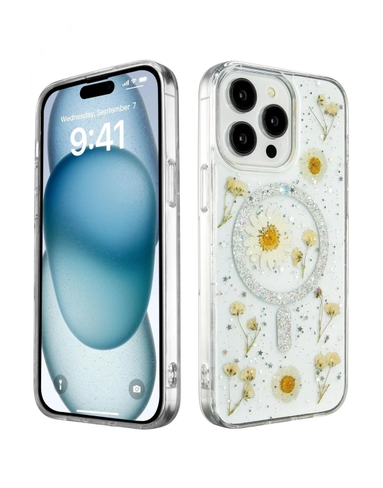 Newface iPhone 15 Pro Kılıf Daisy Simli Magsafe Kapak - Gümüş