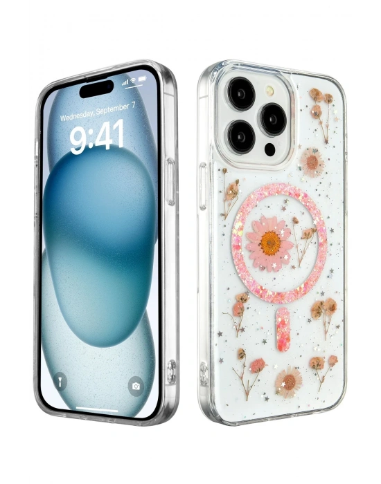 Newface iPhone 15 Pro Kılıf Daisy Simli Magsafe Kapak - Pembe