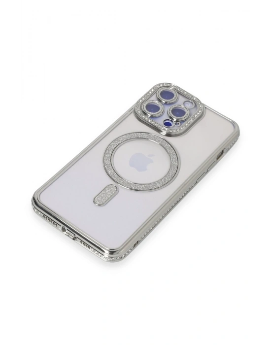 Newface iPhone 15 Pro Kılıf Joke Simli Magneticsafe Kılıf - Gümüş