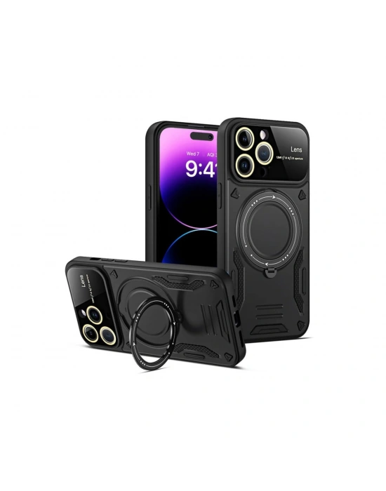 Newface iPhone 15 Pro Kılıf Joy Lens Standlı Kapak - Siyah