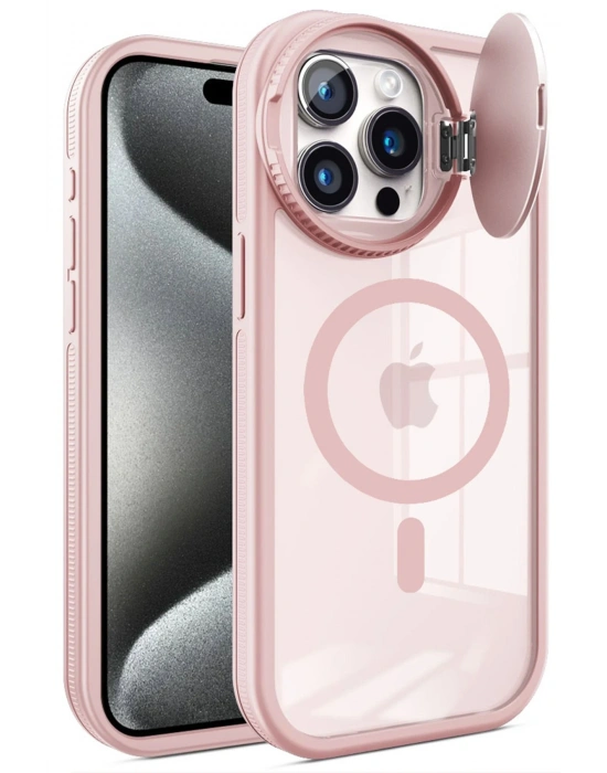 Newface iPhone 15 Pro Kılıf Teleskop Lens Magsafe Silikon Kapak - Pembe