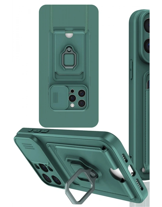 Newface iPhone 15 Pro Kılıf Zuma Kartvizitli Yüzüklü Silikon - Yeşil