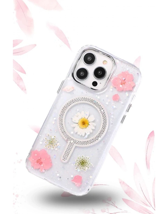 Newface iPhone 15 Pro Max Flower Magsafe Kapak - Krem