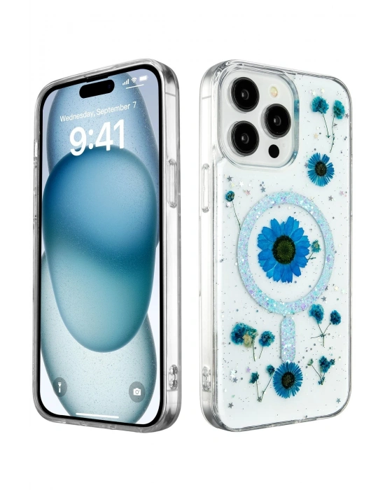 Newface iPhone 15 Pro Max Kılıf Daisy Simli Magsafe Kapak - Mavi