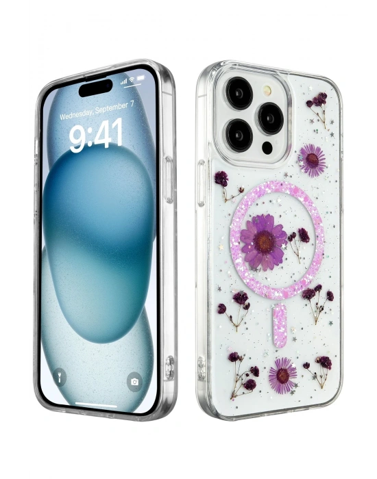 Newface iPhone 15 Pro Max Kılıf Daisy Simli Magsafe Kapak - Mor