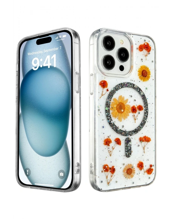 Newface iPhone 15 Pro Max Kılıf Daisy Simli Magsafe Kapak - Siyah