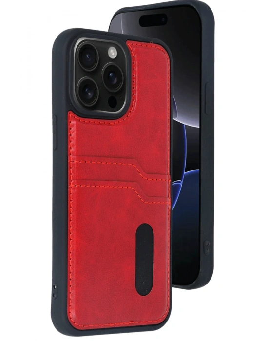 Newface iPhone 15 Pro Max Kılıf Sara Kartvizitli Deri Kılıf - Kırmızı