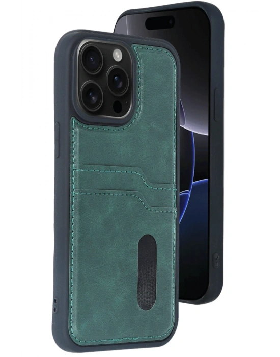 Newface iPhone 15 Pro Max Kılıf Sara Kartvizitli Deri Kılıf - Koyu Yeşil