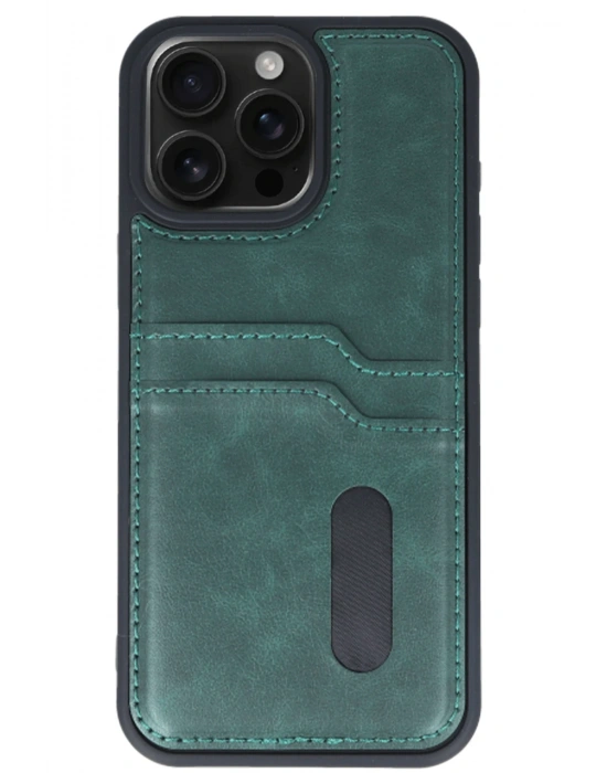 Newface iPhone 15 Pro Max Kılıf Sara Kartvizitli Deri Kılıf - Koyu Yeşil