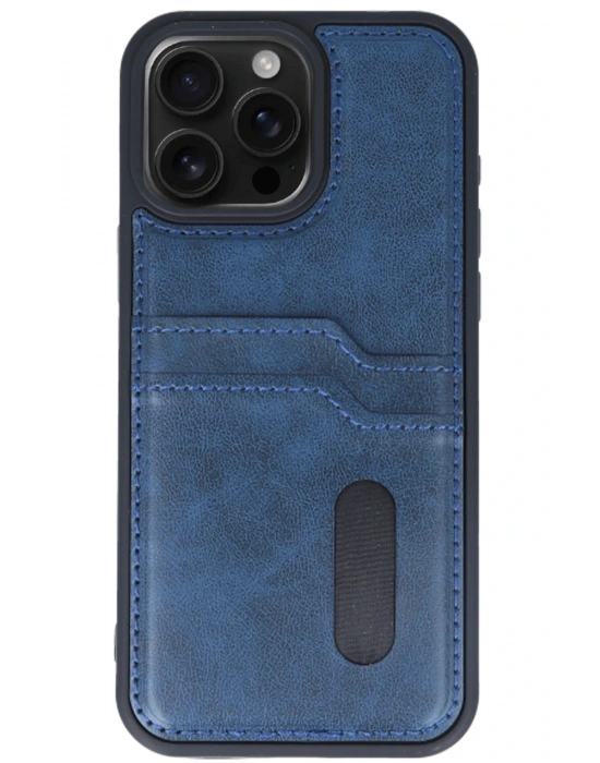 Newface iPhone 15 Pro Max Kılıf Sara Kartvizitli Deri Kılıf - Lacivert