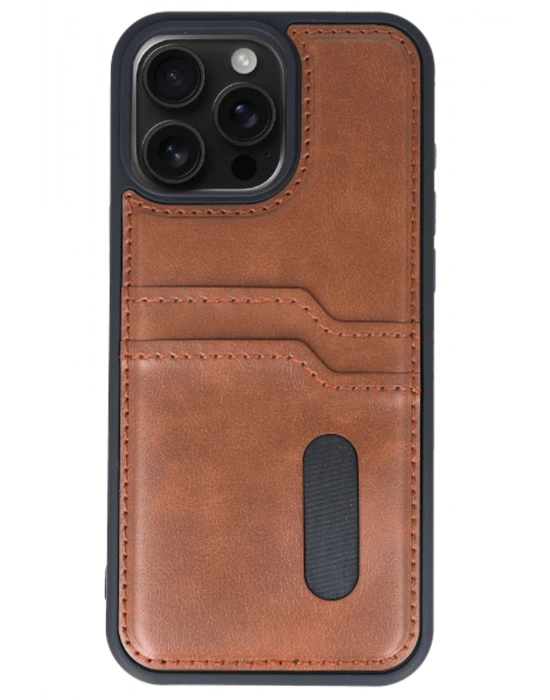 Newface iPhone 15 Pro Max Kılıf Sara Kartvizitli Deri Kılıf - Taba