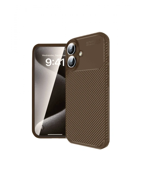 Newface iPhone 16 Kılıf Auto Focus Karbon Kapak - Kahverengi