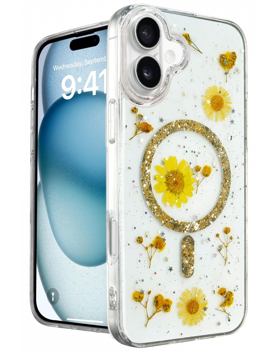 Newface iPhone 16 Kılıf Daisy Simli Magsafe Kapak - Gold
