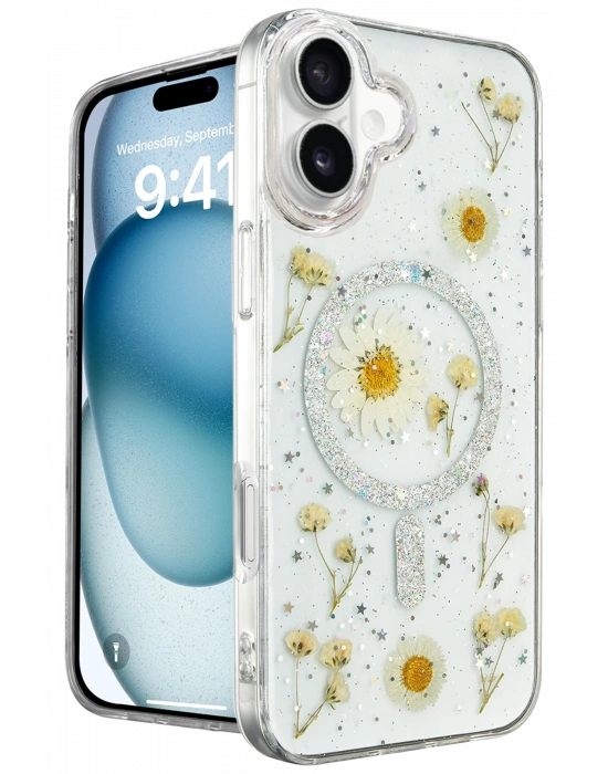 Newface iPhone 16 Kılıf Daisy Simli Magsafe Kapak - Gümüş