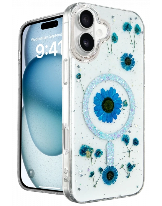 Newface iPhone 16 Kılıf Daisy Simli Magsafe Kapak - Mavi