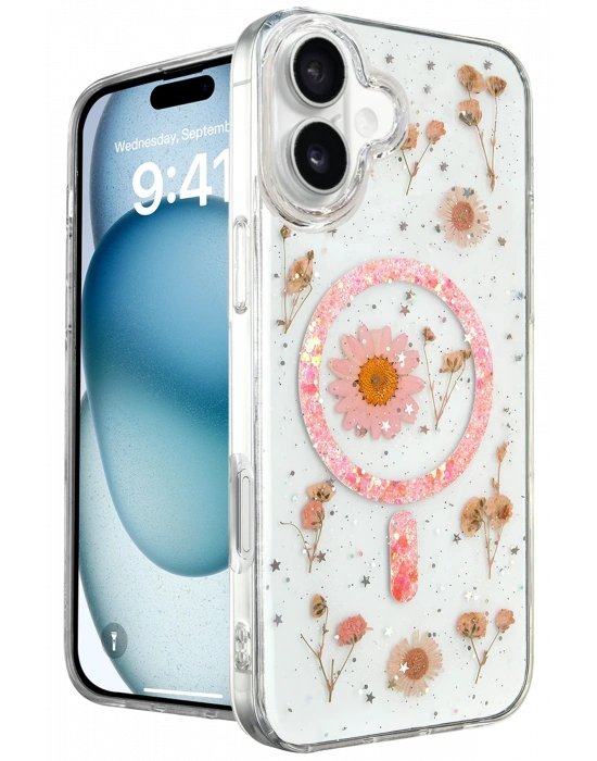 Newface iPhone 16 Kılıf Daisy Simli Magsafe Kapak - Pembe