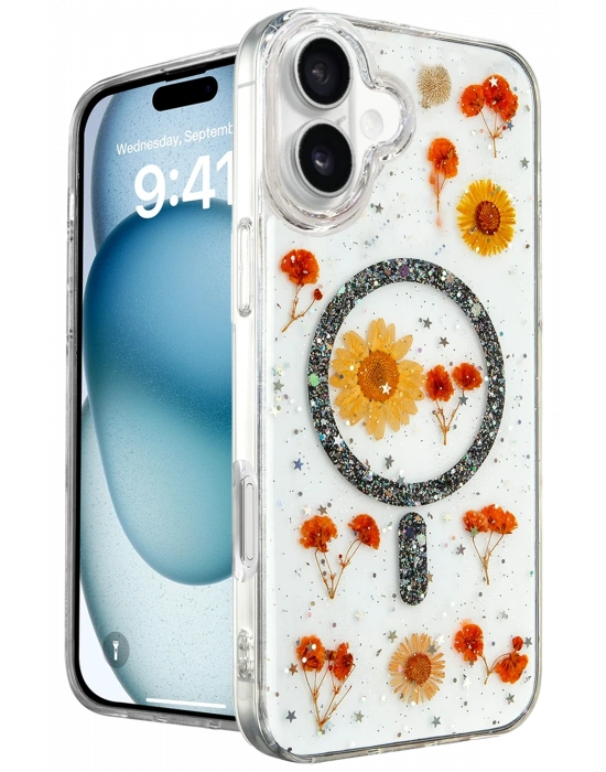 Newface iPhone 16 Kılıf Daisy Simli Magsafe Kapak - Siyah