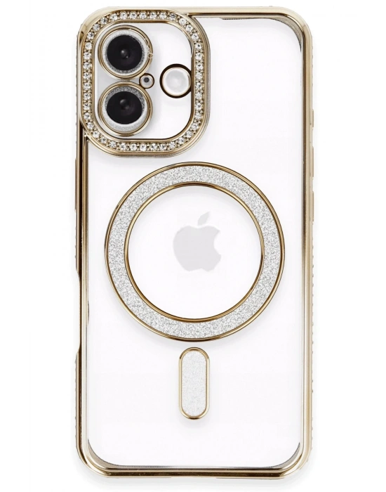 Newface iPhone 16 Kılıf Joke Simli Magneticsafe Kılıf - Gold