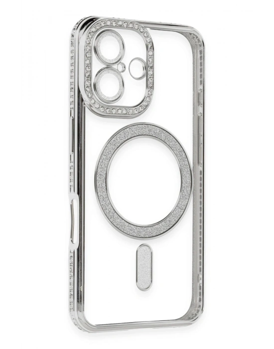 Newface iPhone 16 Kılıf Joke Simli Magneticsafe Kılıf - Gümüş