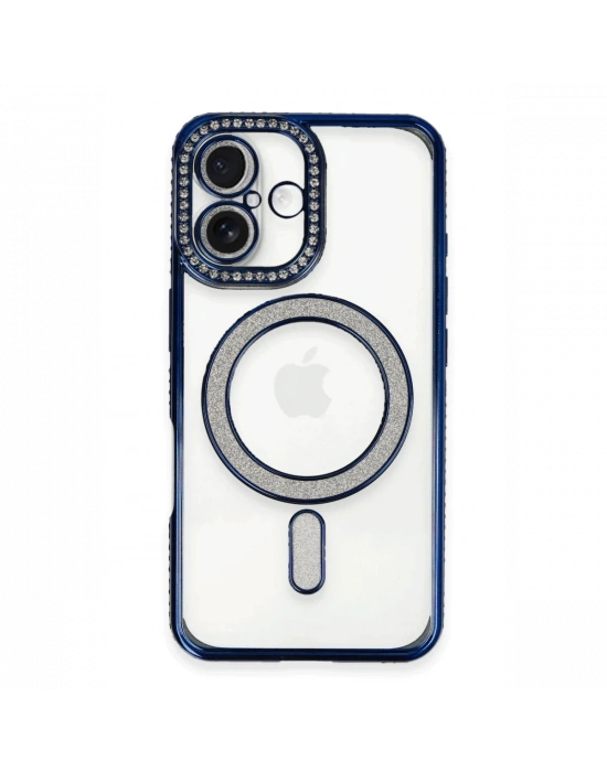 Newface iPhone 16 Kılıf Joke Simli Magneticsafe Kılıf - Lacivert