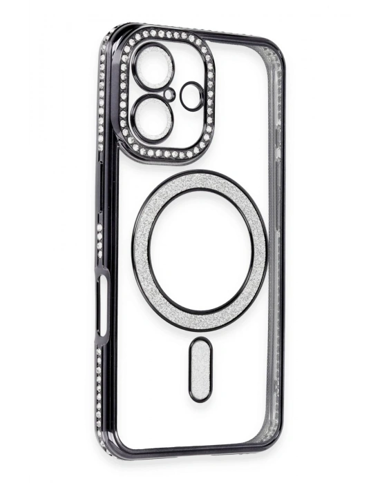 Newface iPhone 16 Kılıf Joke Simli Magneticsafe Kılıf - Siyah