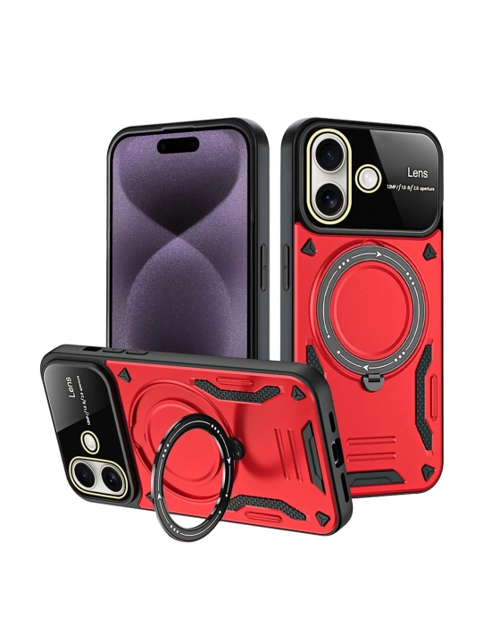 Newface iPhone 16 Kılıf Joy Lens Standlı Kapak - Kırmızı