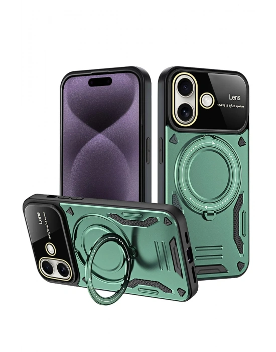 Newface iPhone 16 Kılıf Joy Lens Standlı Kapak - Koyu Yeşil