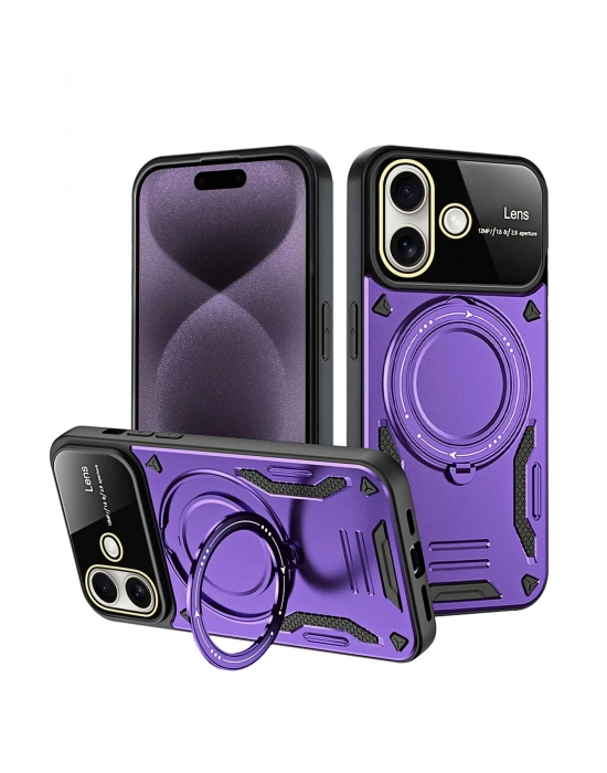 Newface iPhone 16 Kılıf Joy Lens Standlı Kapak - Mor