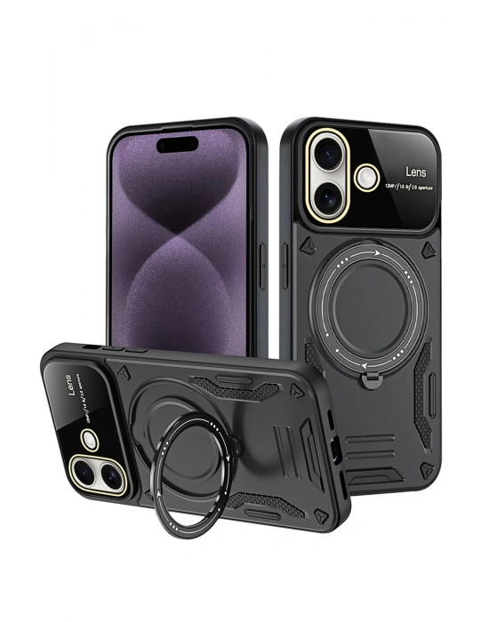 Newface iPhone 16 Kılıf Joy Lens Standlı Kapak - Siyah