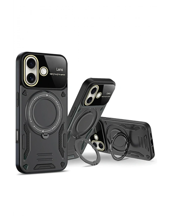 Newface iPhone 16 Kılıf Joy Lens Standlı Kapak - Siyah