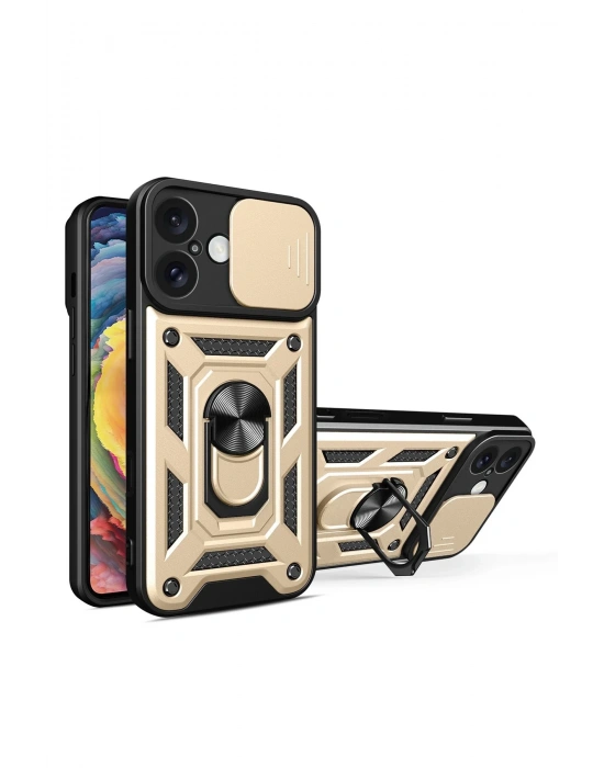 Newface iPhone 16 Kılıf Pars Lens Yüzüklü Silikon - Gold