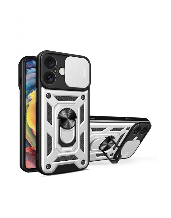 Newface iPhone 16 Kılıf Pars Lens Yüzüklü Silikon - Gümüş