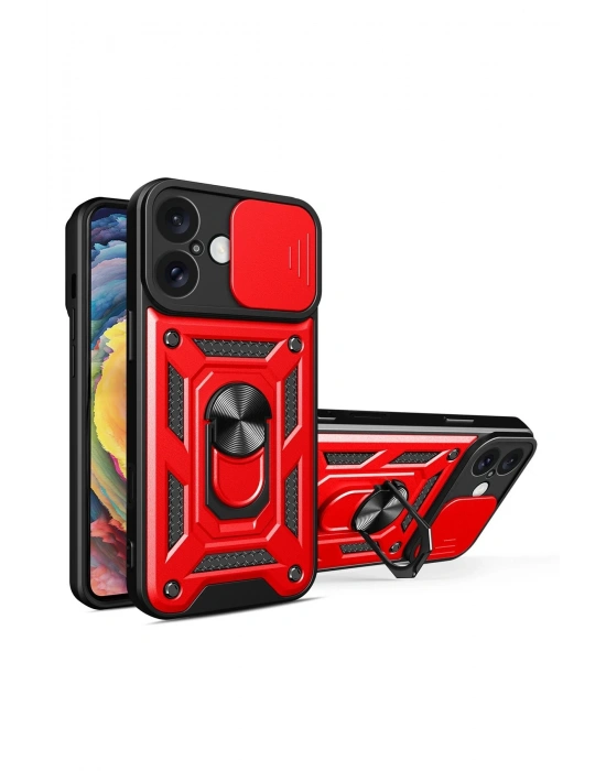 Newface iPhone 16 Kılıf Pars Lens Yüzüklü Silikon - Kırmızı