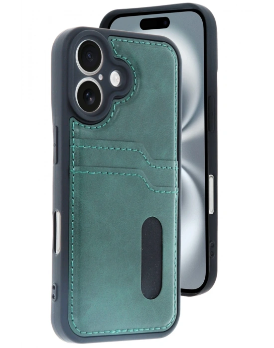 Newface iPhone 16 Kılıf Sara Kartvizitli Deri Kılıf - Koyu Yeşil