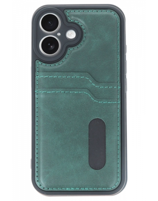 Newface iPhone 16 Kılıf Sara Kartvizitli Deri Kılıf - Koyu Yeşil