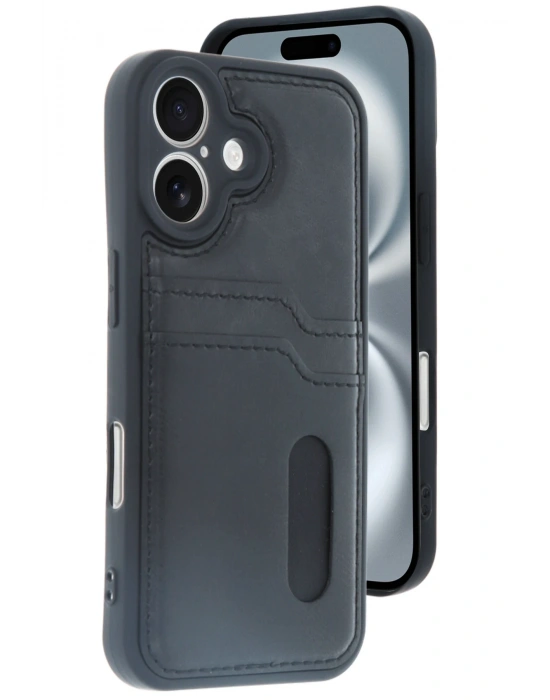 Newface iPhone 16 Kılıf Sara Kartvizitli Deri Kılıf - Siyah