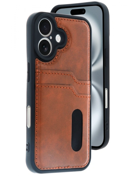 Newface iPhone 16 Kılıf Sara Kartvizitli Deri Kılıf - Taba