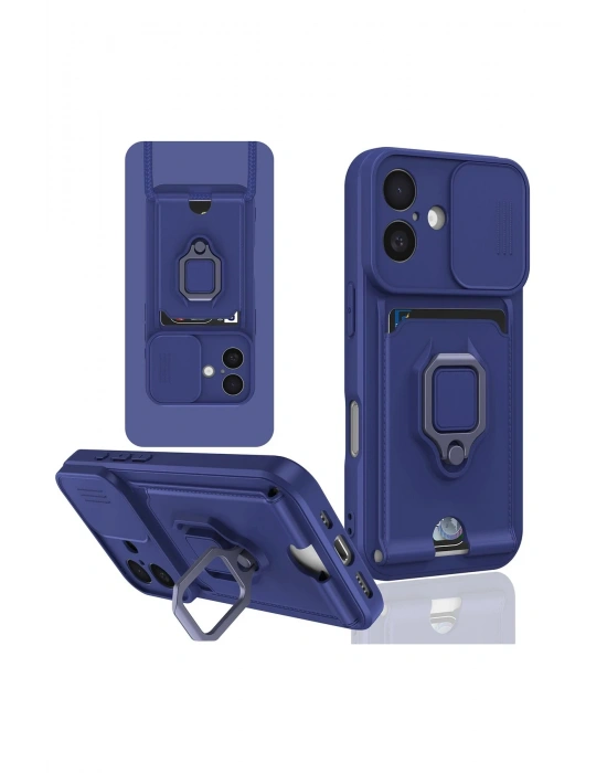 Newface iPhone 16 Kılıf Zuma Kartvizitli Yüzüklü Silikon - Lacivert