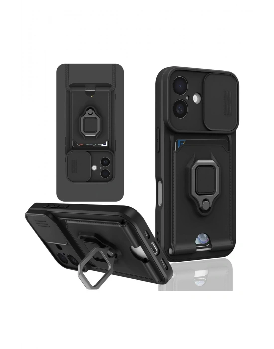 Newface iPhone 16 Kılıf Zuma Kartvizitli Yüzüklü Silikon - Siyah