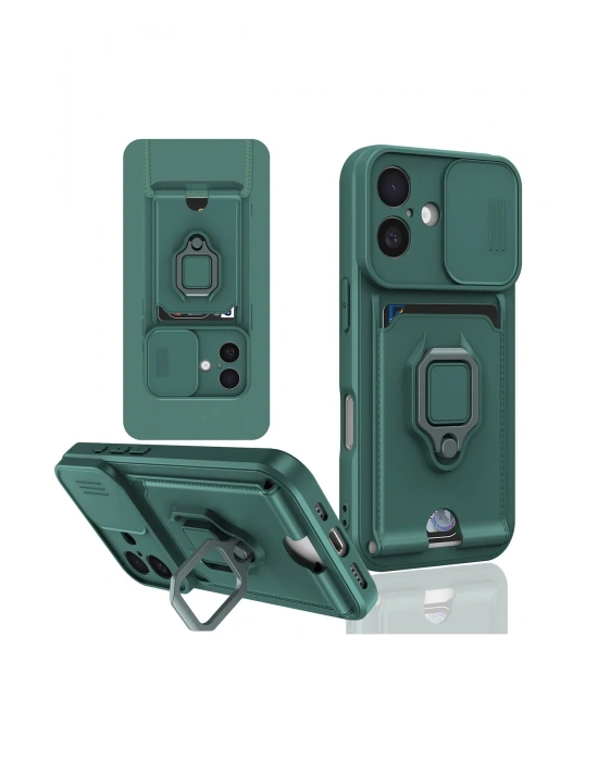 Newface iPhone 16 Kılıf Zuma Kartvizitli Yüzüklü Silikon - Yeşil