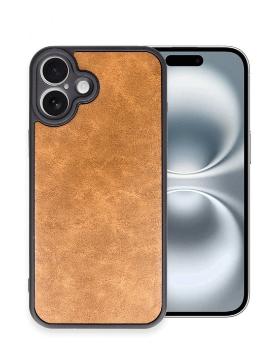 Newface iPhone 16 Plus Kılıf Aras Deri Kapak - Taba